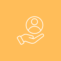 An illustration depicting a hand offering support or guidance, with a circular outline representing a user or individual above, all set against a warm yellow background.