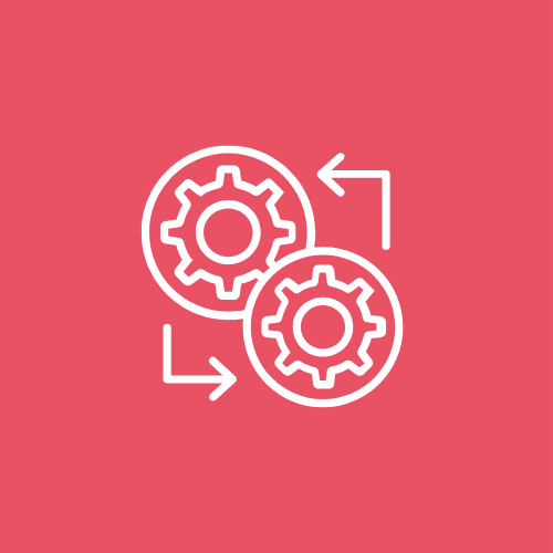 An icon depicting two interlocking gears, symbolizing collaboration and process improvement, set against a pink background.